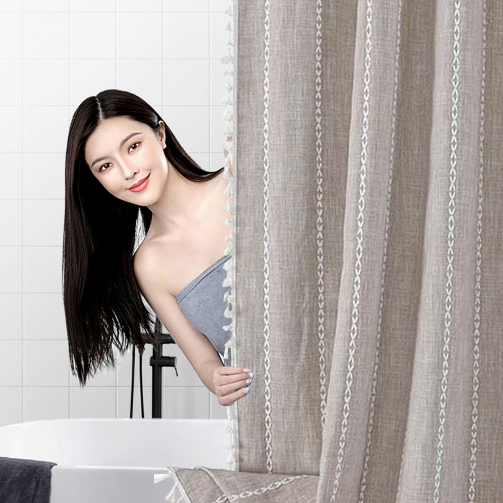 ZToonmas Boho Farmhouse Shower Curtain, Linen Rustic Weighted Striped ...