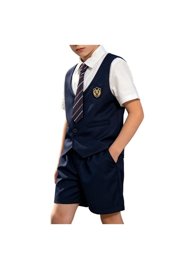 Boys 2 Piece Back to School Preppy Uniform Outfit Set for 1-15 Years Teens Faux Two Piece Short Sleeve Lapel Shirt with Striped Neck Tie and Elastic Waist Shorts