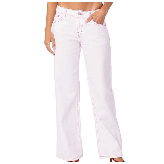 ZToonmas Contrast Stitch Wide Leg Jeans for Women Mid Rise Zip Button Solid Loose Full Length Denim Long Pants with Pockets