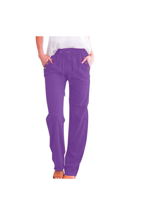 Cotton Linen Loose Straight Pants for Women Drawstring Waist Rivet Button Summer Casual Long Pants with Pocket