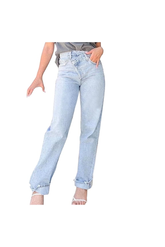 Crossover Irregular Waist Light Wash Straight Jeans for Women Button Cross Waist Loose Wide Leg Denim Long Pants with Pockets