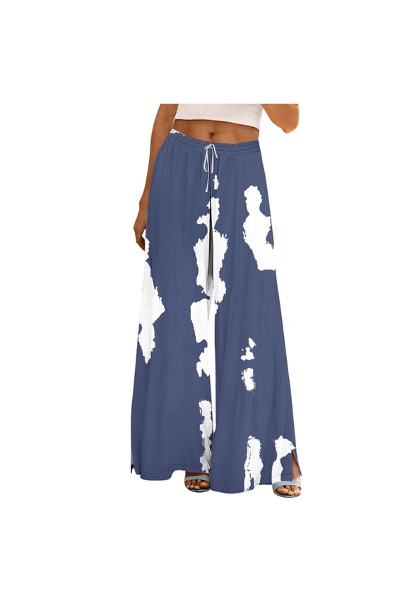 Floral Patchwork Split Hem Wide Leg Pants for Women Drawstring Waist Casual Long Pants with Pockets