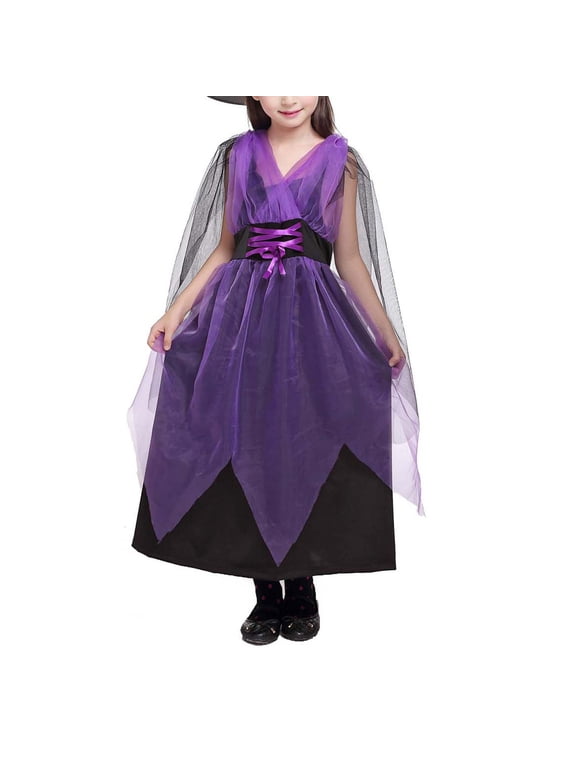 Girls 2 Piece Witch Cloths V Neck Flowing Mesh Sleeve Dress with Ribbon Decor Witch Hat Halloween Role Play Outfit for Ages 2‑12 Years