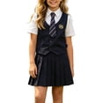 thumbnail image 1 of ZToonmas Girls 3 Piece Back to School Preppy Uniform Set for 1-15 Years Teens Faux Two Piece Short Sleeve Lapel Shirt with Striped Neck Tie and Solid Pleated Skirt, 1 of 9