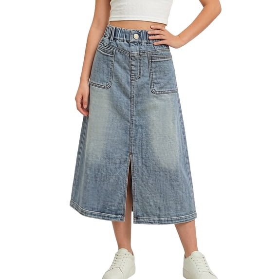 ZToonmas Girls' 5-15Y Elastic Waist A-Line Midi Skirt Front Slit Denim Style Skirt with Pockets Kids' Casual Summer Skirt