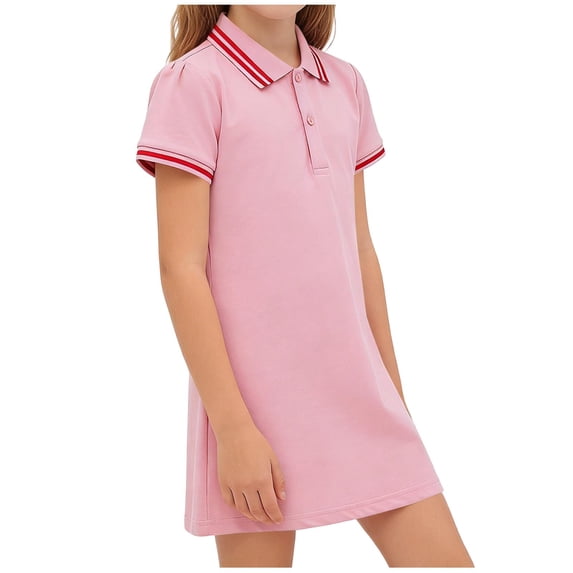 ZToonmas Girls Cotton Golf Dress for Kids 3-16 Years Contrast Striped Lapel Collar Short Sleeve Button Placket Casual School Uniform Princess Dresses