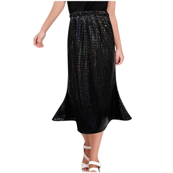 ZToonmas Girls' Elastic Waist Mermaid Midi Skirt Shiny Holographic Flared Skirt for Kids 3-16 Years Party and Dance Wear