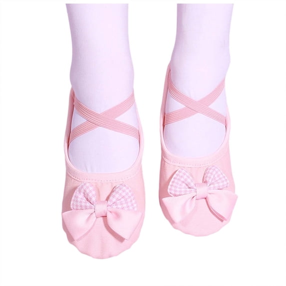 ZToonmas Girls Plaid Bow Canvas Ballet Slippers Elastic Cross Strap Soft Split Sole Anti-Slip Dance Shoes for Kids Gymnastics Body Shaping Daily Training Practice
