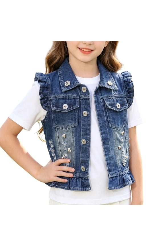 Girls' Sleeveless Vest Jacket with Ruffle Trim and Beaded Butterfly Applique Casual Style Waistcoat with Pockets for Ages 18 Months-10 Years
