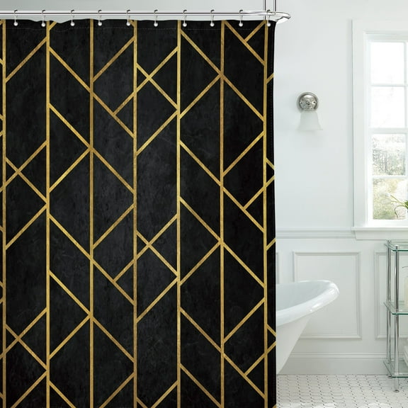 ZToonmas Golden Black Chevron Shower Curtain, Boho Herringbone Geometric Simple Striped, Polyester Fabric, Machine Washable, 70" x 70"