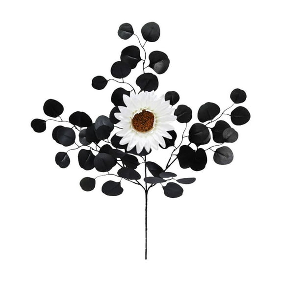 ZToonmas Halloween Artificial Flowers, 25.1" Black Realistic Leaf with Spooky Sumflower, Home Supplies Holiday Party Fake Plants, Ideal for Table Centerpieces, White