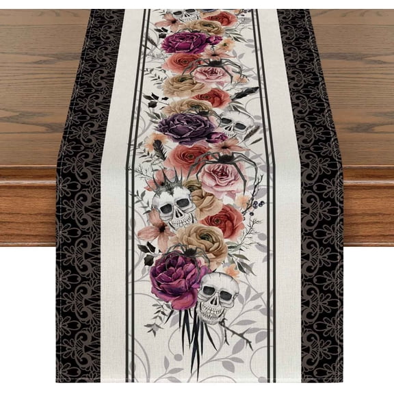 ZToonmas Halloween Table Runner Gothic Skull and Rose Table Decor Linen Table Cover for Indoor Outdoor Home Party Supplies 13 x 72 Inch