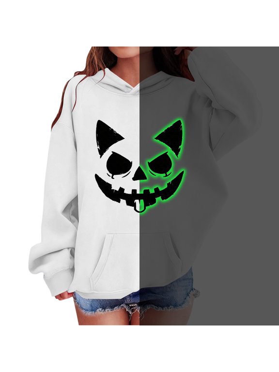 Kids Halloween Glow in The Dark Hoodie 2-12Y Boys Girls Funny Devil Cat Pumpkin Face Print Long Sleeve Pullover with Front Kangaroo Pocket Casual Loose Sweatshirt for Holiday Party