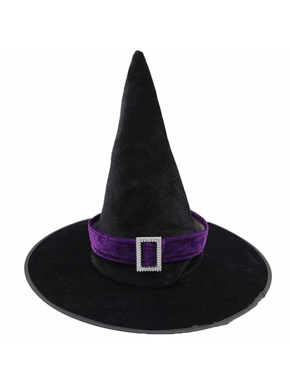 Kids Velvet Witch Hat Tall Pointed Wide Brim Hat with Solid Ribbon and Buckle Halloween Role Play Hat for Children