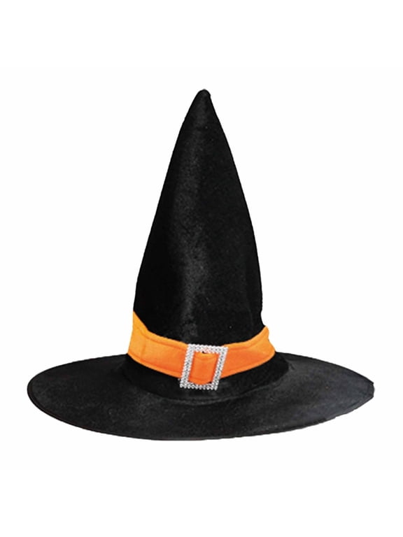 Kids Velvet Witch Hat Tall Pointed Wide Brim Hat with Solid Ribbon and Buckle Halloween Role Play Hat for Children