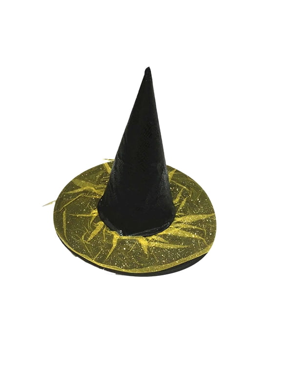 Kids Witch Hat Tall Pointed Cone Hat Snakeskin Textured Top with Glitter Tulle Wide Brim Halloween Role Play Hat for Children