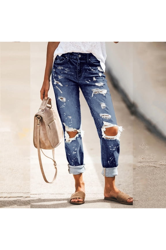 Light Wash Mid Rise Splatter Paint Ripped Skinny Jeans for Women Slim Cuffed Ankle Distressed Casual Denim Long Pants with Pockets