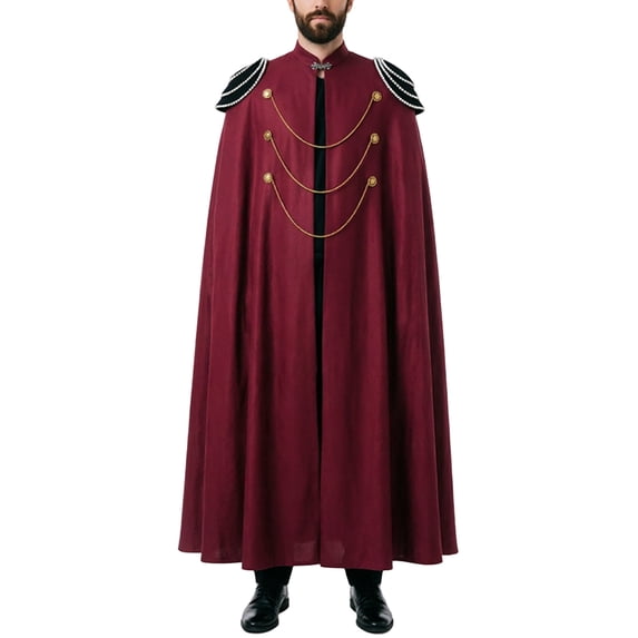ZToonmas Men Medieval Full Length Cape Stand Collar Cloak with Decor Chains and Epaulets Halloween Noble Role Play Cloths