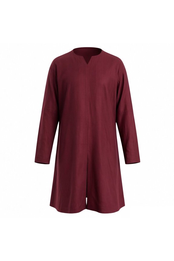 Men Medieval Renaissance Tunic Washed Cotton Blend Long Sleeve V Neck Front Split Long Robe Halloween Knight Role Play Cloths