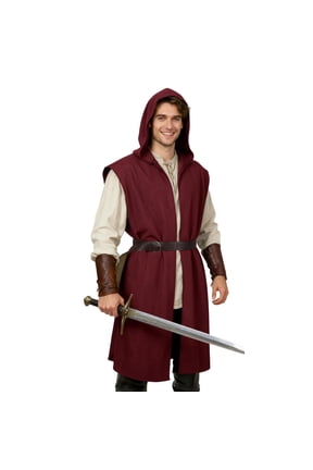Men Medieval Sleeveless Hooded Tunic Long Open Front Vest Renaissance Halloween Role Play Cloths