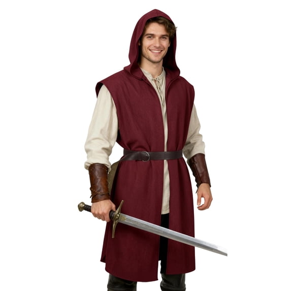 ZToonmas Men Medieval Sleeveless Hooded Tunic Long Open Front Vest Renaissance Halloween Role Play Cloths