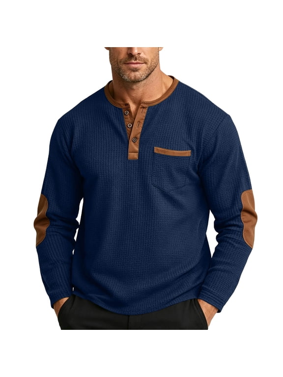 Men Thermal Knit Long Sleeve Henley Shirt Contrast Trim Button Placket Elbow Patch Casual Pullover Top with Chest Pocket