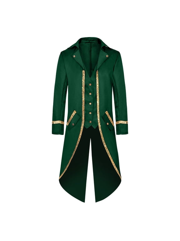 Men Vintage Mid Length Tailcoat with Gold Sequin Trim Halloween Victorian Role Play Jacket for Dress up Parties