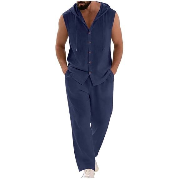 ZToonmas Men's 2 Piece Hooded Sleeveless Set Solid Color Drawstring Hooded Vest and Pants Casual Summer Loungewear
