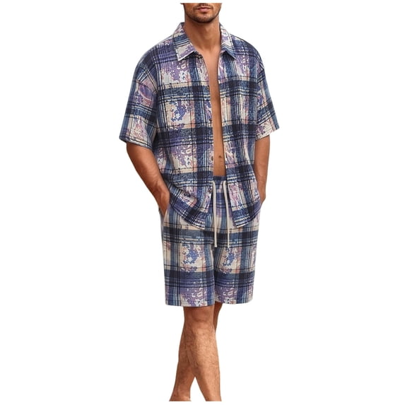 ZToonmas Men's 2 Piece Print Outfit Short Sleeve Button-down Camp Collar Shirt with Drawstring Waist Shorts Casual Summer Set