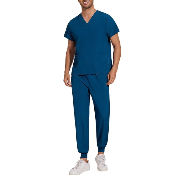 ZToonmas Men's 2 Piece Scrubs Set V-Neck Short Sleeve Top and Drawstring Pants with Pockets for Nurses and Healthcare Workers