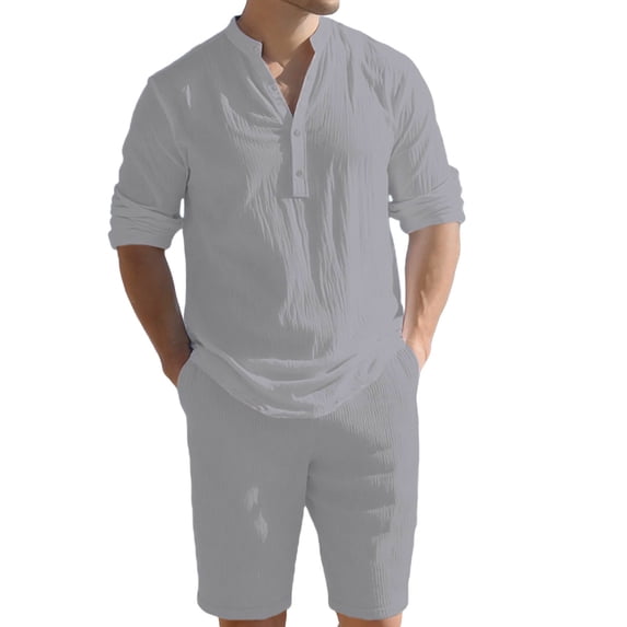ZToonmas Men's 2 Piece Summer Casual Set Henley Neck Roll-up Sleeve Shirt with Drawstring Waist Shorts for Beach and Vacation