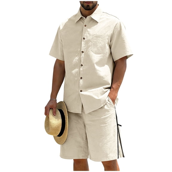 ZToonmas Men's 2 Piece Summer Co-Ord Set Button-down Camp Collar Shirt and Drawstring Shorts Casual Outfit with Zipper Pockets