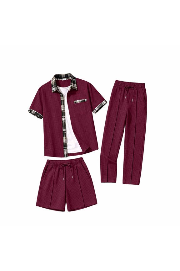 Men's 3 Piece Set Plaid Trim Button-down Shirt with Drawstring Waist Pants and Shorts Textured Outfit for All Season