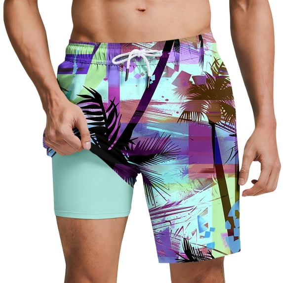 ZToonmas Men's Beach Shorts Casual Hawaiian Printed Drawstring Shorts Swim Trunks with Compression Liner
