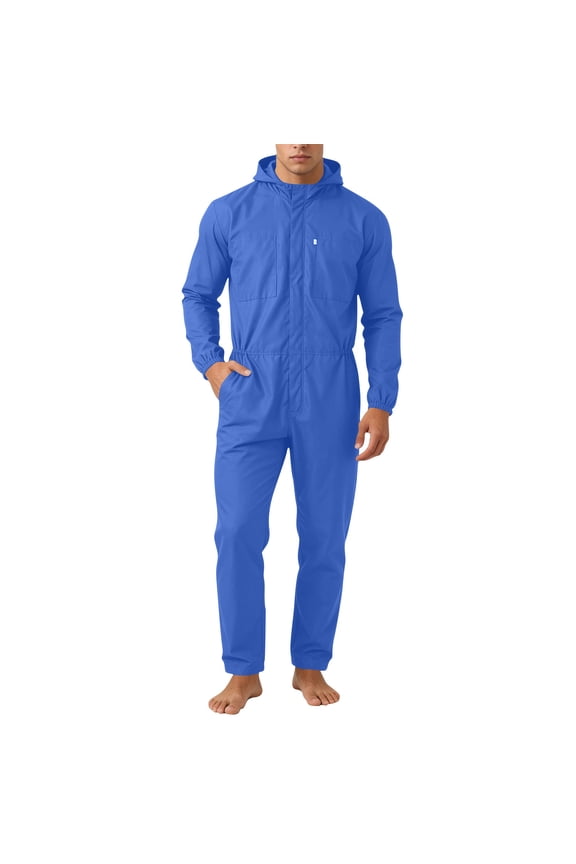 Men's Hooded Coverall Work Jumpsuit Full-Zip Elastic Waist Utility Overalls with Pockets Breathable Protective Uniform