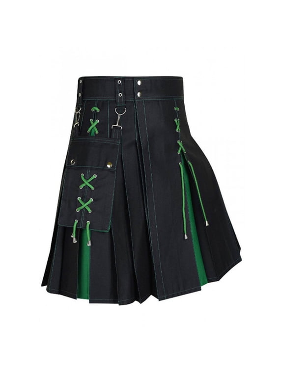Men's Scottish Utility Kilt Color Block Medieval Pleated Style Adjustable Waist Kilt with Detachable Pocket for Festival