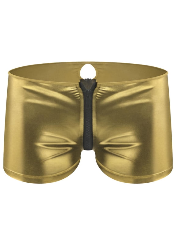 Men's Solid Color Boxer Briefs Metallic Shiny Intimate Lingerie Underwear with Zipper