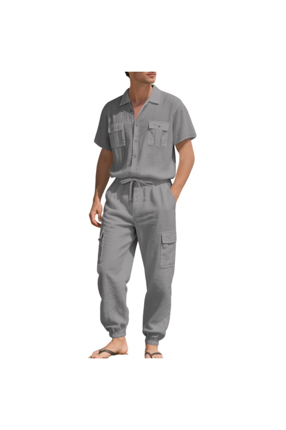 Men's Solid Color Co-Ord Set Button-up Short Sleeve Shirt with Jogger Pants Casual Two Piece Outfit for Beach Wear