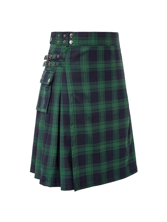 Men's Tartan Scottish Utility Kilt Color Block High Waist Pleated Kilt with Cargo Pocket for Festival