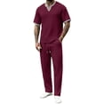 thumbnail image 1 of ZToonmas Men's Textured V-Neck 2 Piece Set Contrast Trim Short Sleeve T-Shirt with Drawstring Pants Casual Co-Ord Outfit, 1 of 5