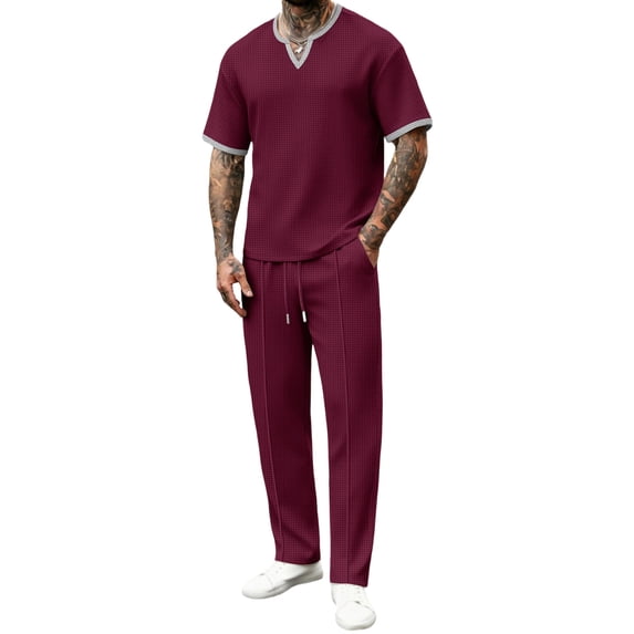 ZToonmas Men's Textured V-Neck 2 Piece Set Contrast Trim Short Sleeve T-Shirt with Drawstring Pants Casual Co-Ord Outfit