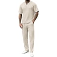thumbnail image 1 of ZToonmas Men's Textured V-Neck 2 Piece Set Contrast Trim Short Sleeve T-Shirt with Drawstring Pants Casual Co-Ord Outfit, 1 of 5