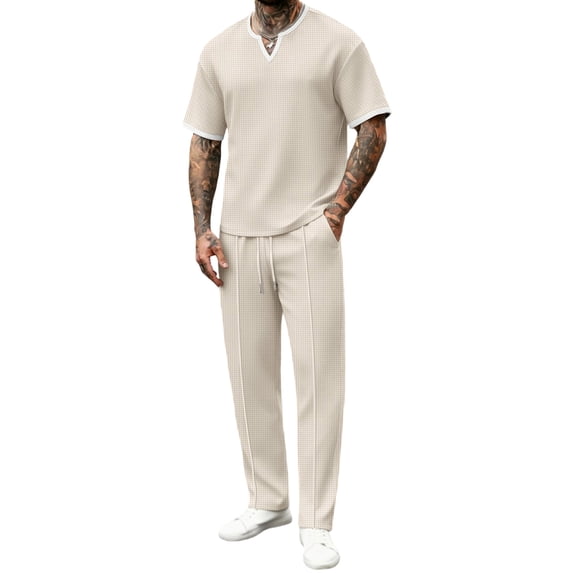 ZToonmas Men's Textured V-Neck 2 Piece Set Contrast Trim Short Sleeve T-Shirt with Drawstring Pants Casual Co-Ord Outfit