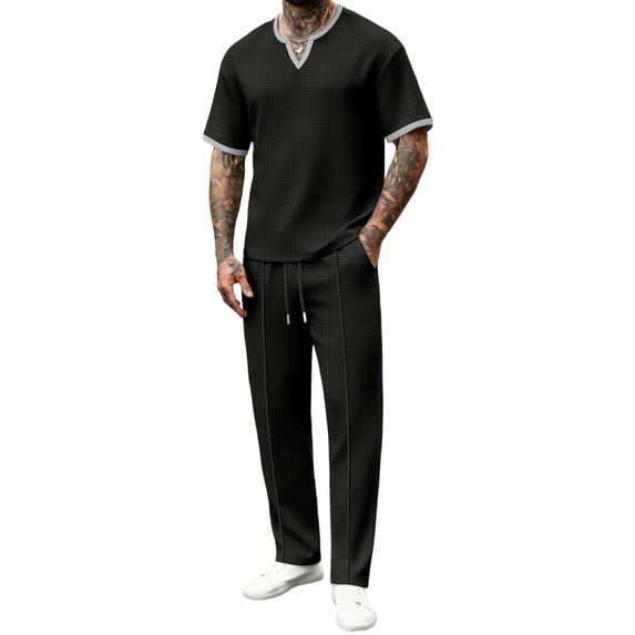 ZToonmas Men's Textured V-Neck 2 Piece Set Contrast Trim Short Sleeve T-Shirt with Drawstring Pants Casual Co-Ord Outfit