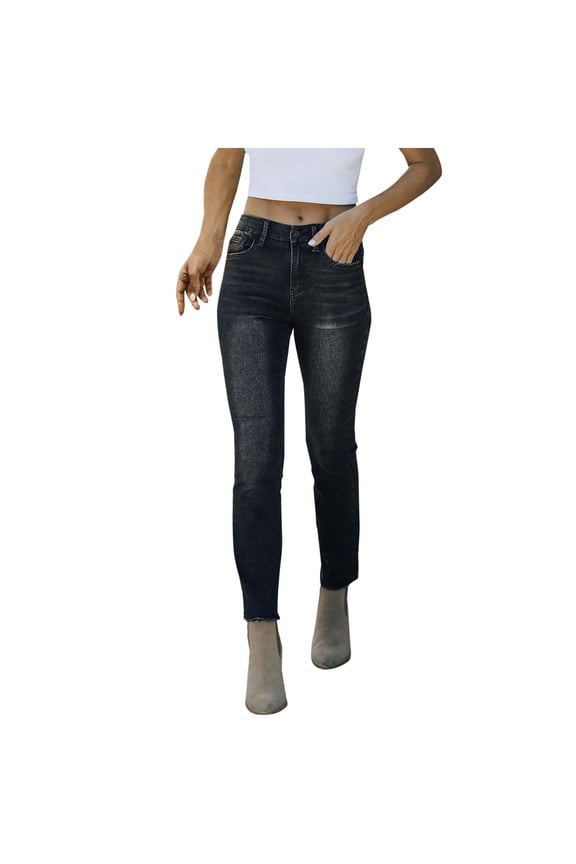 Mid Rise Split Frayed Hem Straight Jeans for Women Stretch Slim Ankle Denim Long Pants with Pockets