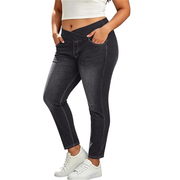 ZToonmas Plus Size Crossover V Waist Stretch Skinny Jeans for Women Elastic Slim Ankle Denim Long Pants with Pockets