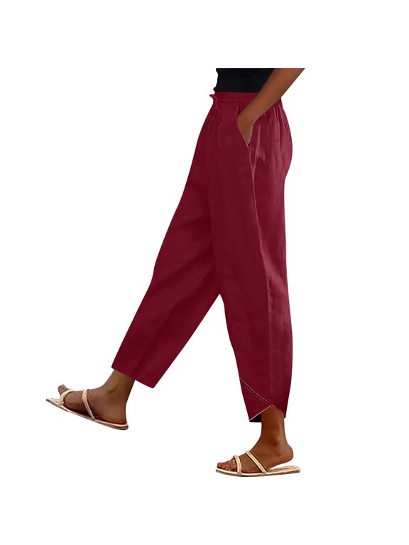 Solid Ankle Cropped Pants for Women Drawstring Elastic High Waist Irregular Wrap Cuff Hem Loose Casual Pants with Side Hand Pockets