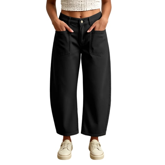 ZToonmas Solid Barrel Cropped Pants for Women High Waist Button Zip Fly Loose Straight Nine Point Casual Ankle Pants with Patch Pockets