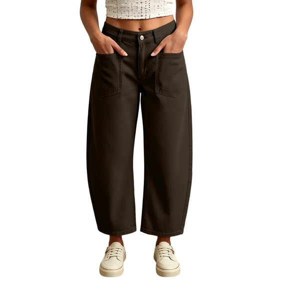 ZToonmas Solid Barrel Cropped Pants for Women High Waist Button Zip Fly Loose Straight Nine Point Casual Ankle Pants with Patch Pockets