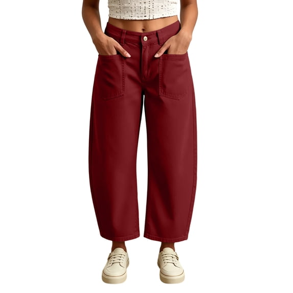 ZToonmas Solid Barrel Cropped Pants for Women High Waist Button Zip Fly Loose Straight Nine Point Casual Ankle Pants with Patch Pockets